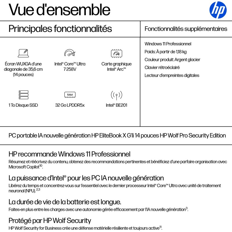 Portable HP Elite Book X G1i AI Intel Core Ultra U7 258v 32GO LPDDR5 1TOSSD Inte