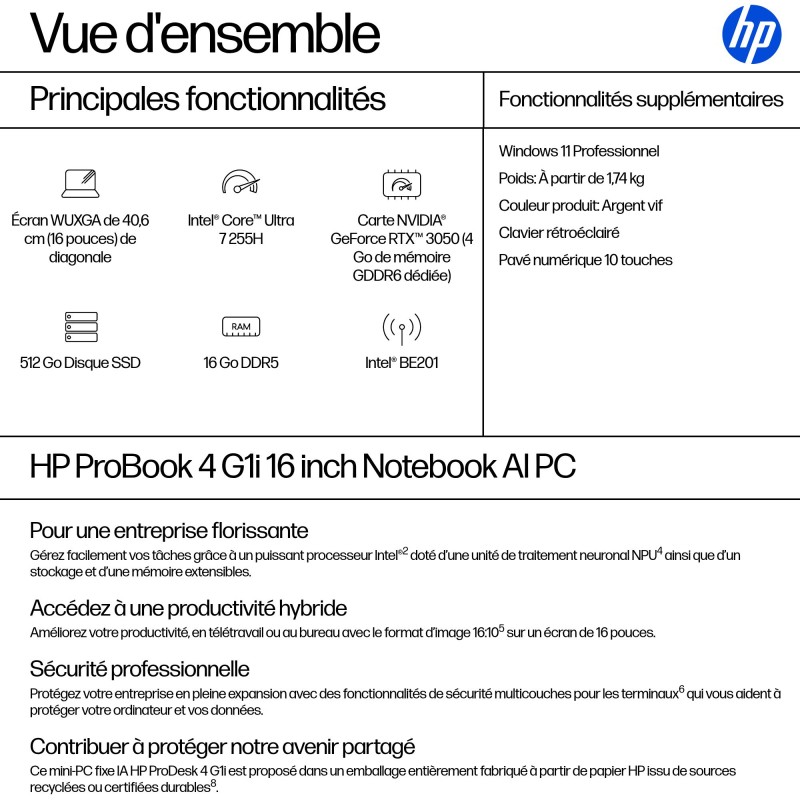 Portable HP ProBook 4 Intel Core Ultra U7-255H 16Go 512GoSSD NVIDIA GeForce RTX