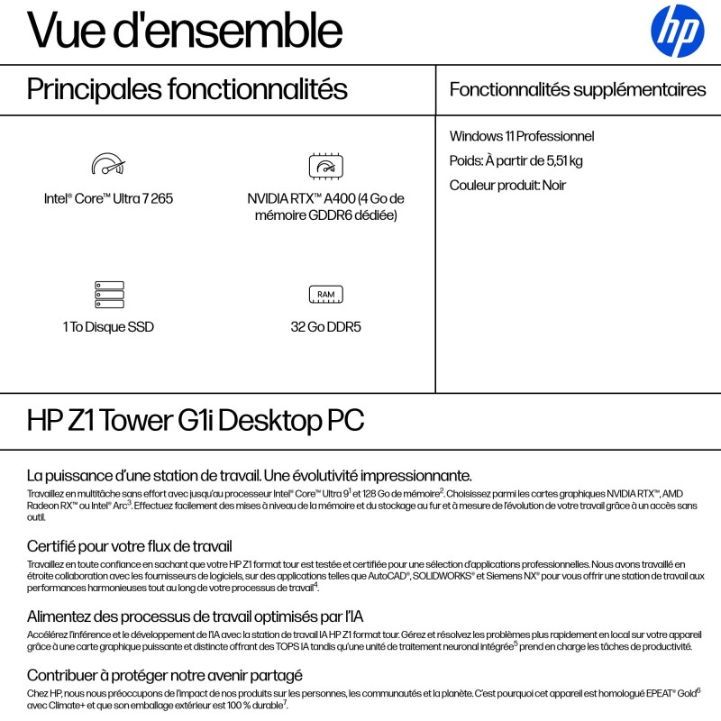 Station de Travail HP Z1 TWR G1i Intel Core U7-265 20C 32GO 1ToSSD NVIDIA RTX A4