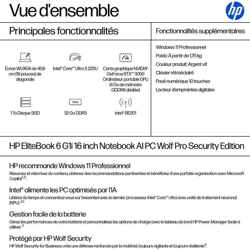 Portable HP EliteBook 6 Intel Core Ultra U5-225U 32GB 1ToSSD Intel Graphics 12 Tops 16'' WUXGA Win11Pro AD4E1ET