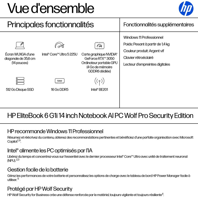 Portable HP EliteBook 6 Intel Core Ultra U5-225U 16Go 512GoSSD Intel Graphics 12