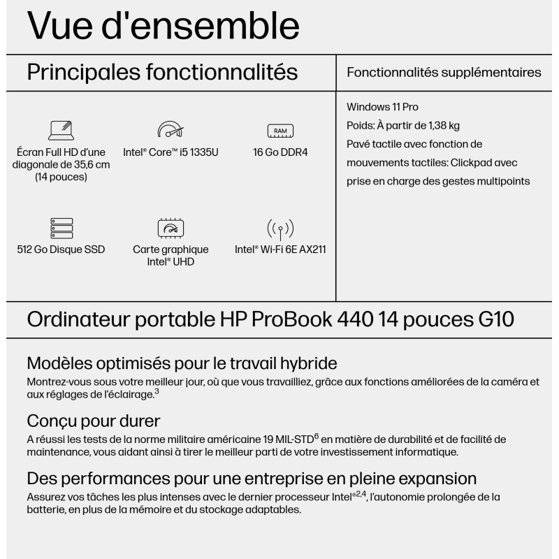 Portable HP ProBook 440 G10 Intel Core i5-1335U 16GO 512GO SSD Intel Iris X Grap