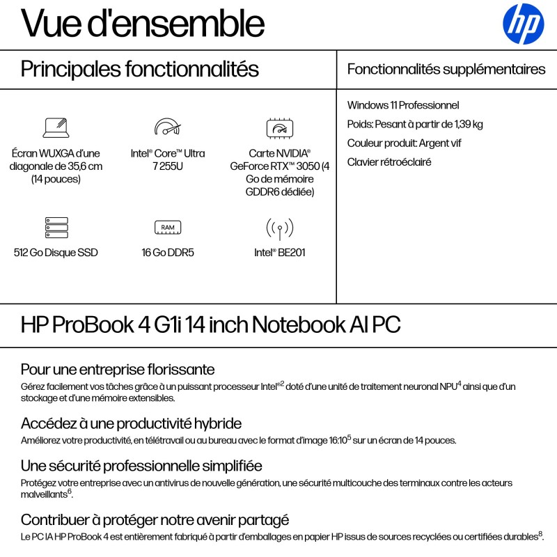 Portable HP ProBook 4 Intel Core Ultra U7-255U 16Go 512GoSSD  Intel Graphics 12