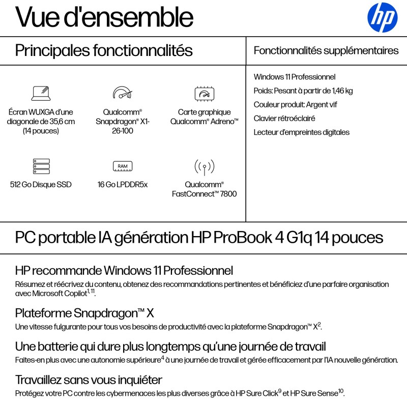 PROBOOK 4 G1Q QUALCOMM AI SNAPD X1-26-100 512GB W11P COPILOT+PC